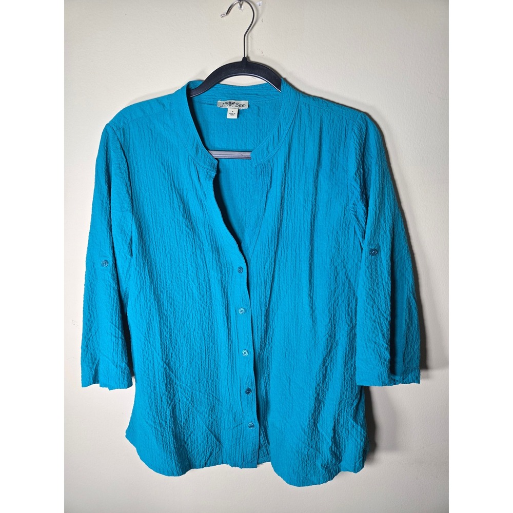 J. Bee Button Up Top Womens Medium Turquoise Excellent Crinkle 3/4 Tab Sleeve